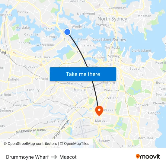 Drummoyne Wharf to Mascot map
