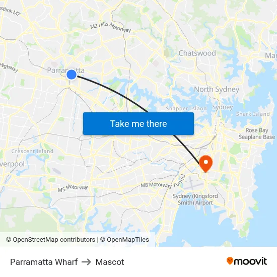 Parramatta Wharf to Mascot map