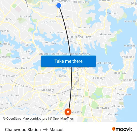 Chatswood Station to Mascot map