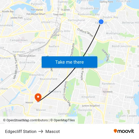 Edgecliff Station to Mascot map