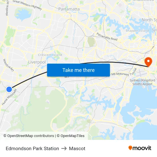 Edmondson Park Station to Mascot map