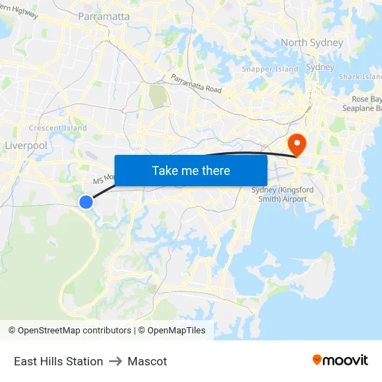 East Hills Station to Mascot map