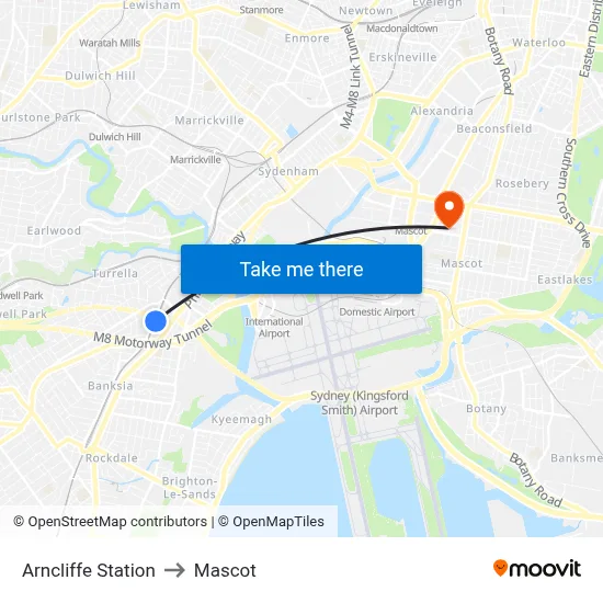 Arncliffe Station to Mascot map