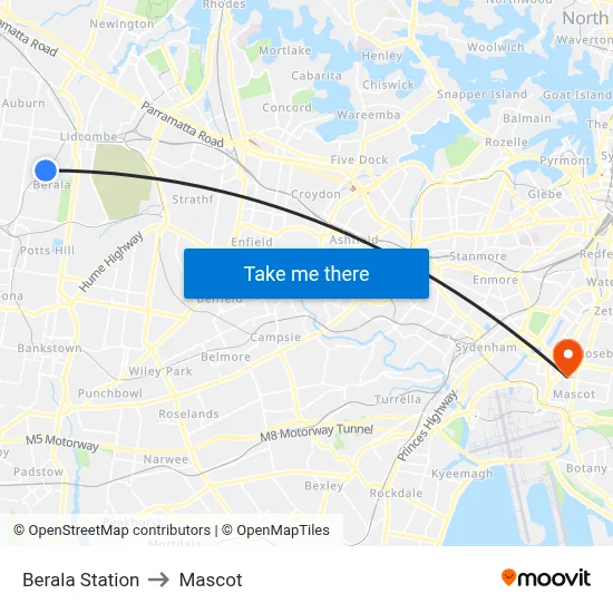 Berala Station to Mascot map