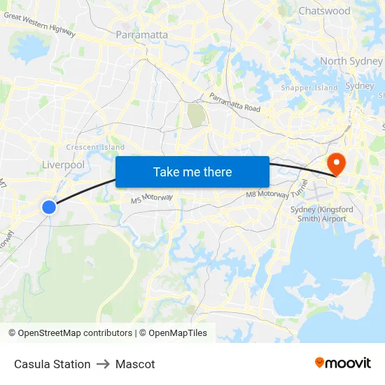 Casula Station to Mascot map