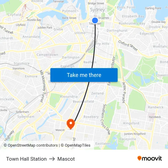 Town Hall Station to Mascot map