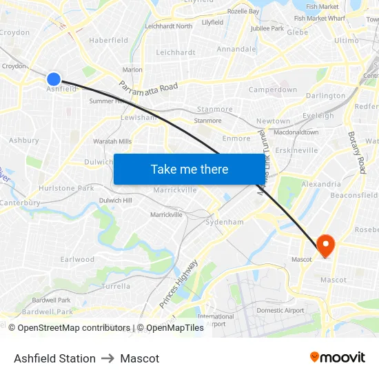 Ashfield Station to Mascot map