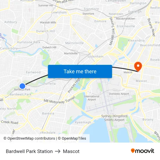 Bardwell Park Station to Mascot map