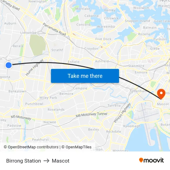 Birrong Station to Mascot map