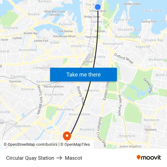 Circular Quay Station to Mascot map