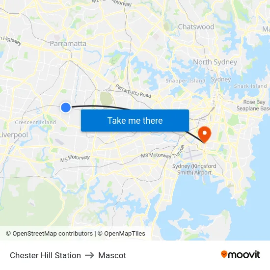 Chester Hill Station to Mascot map