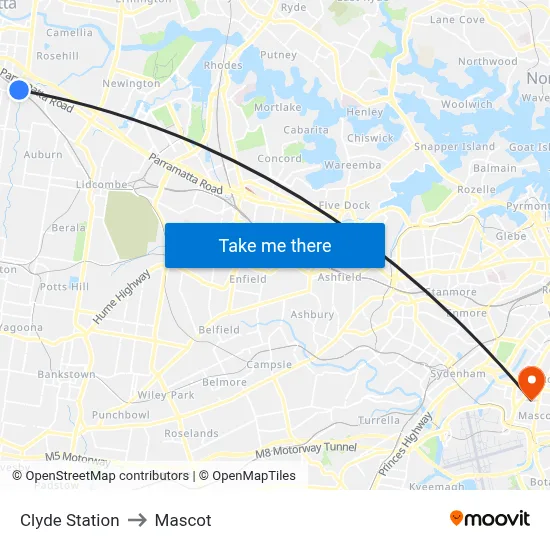 Clyde Station to Mascot map
