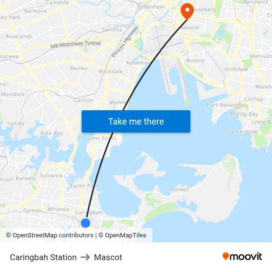 Caringbah Station to Mascot map
