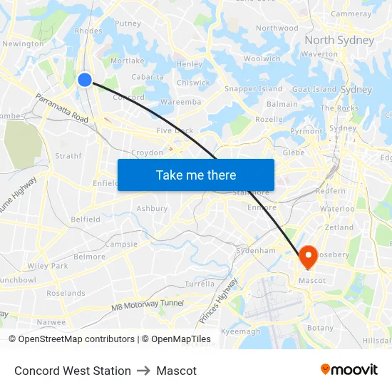 Concord West Station to Mascot map