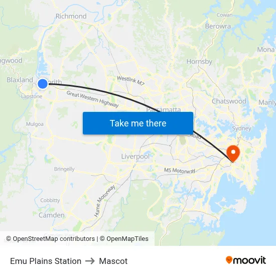 Emu Plains Station to Mascot map