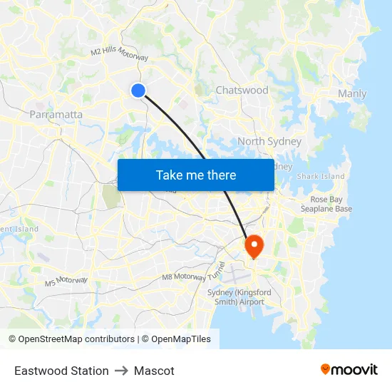 Eastwood Station to Mascot map