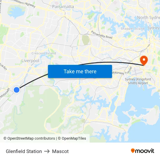 Glenfield Station to Mascot map