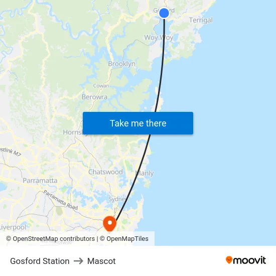 Gosford Station to Mascot map