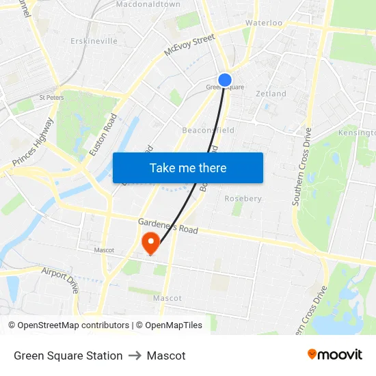 Green Square Station to Mascot map