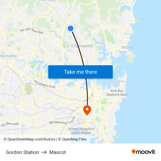 Gordon Station to Mascot map