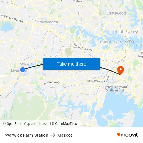 Warwick Farm Station to Mascot map