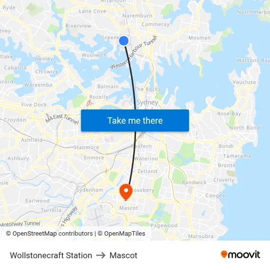 Wollstonecraft Station to Mascot map