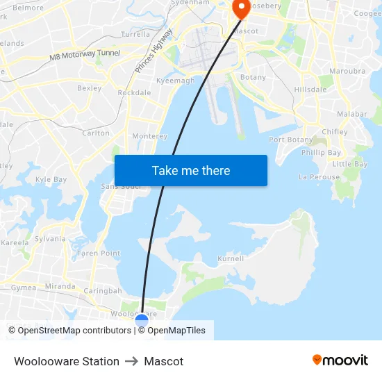 Woolooware Station to Mascot map