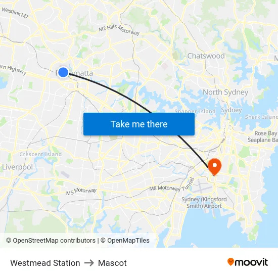 Westmead Station to Mascot map