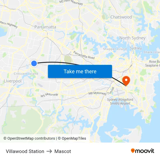 Villawood Station to Mascot map