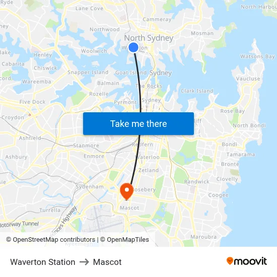 Waverton Station to Mascot map
