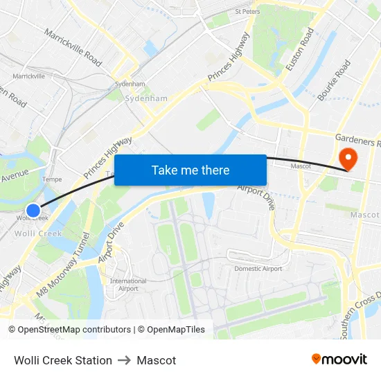 Wolli Creek Station to Mascot map