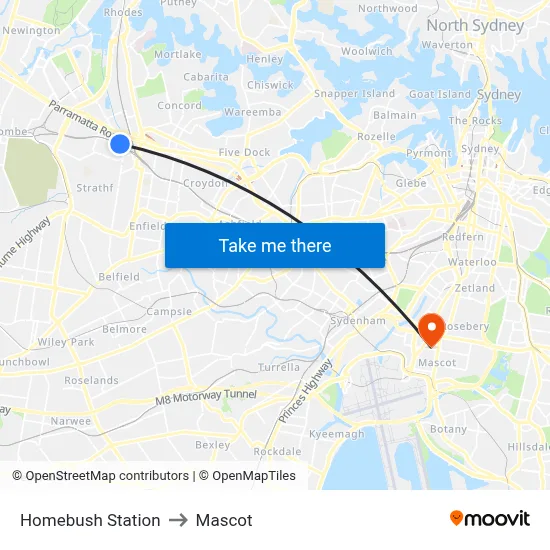 Homebush Station to Mascot map