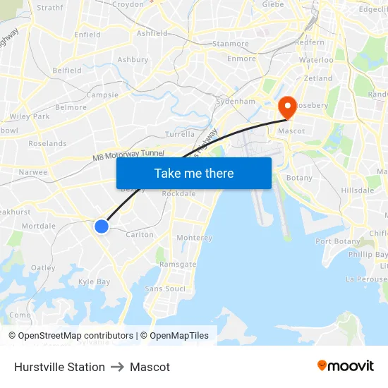 Hurstville Station to Mascot map