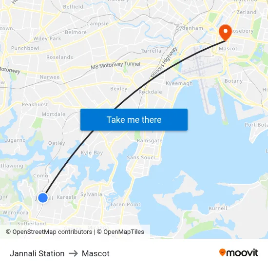 Jannali Station to Mascot map