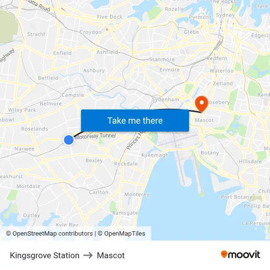 Kingsgrove Station to Mascot map