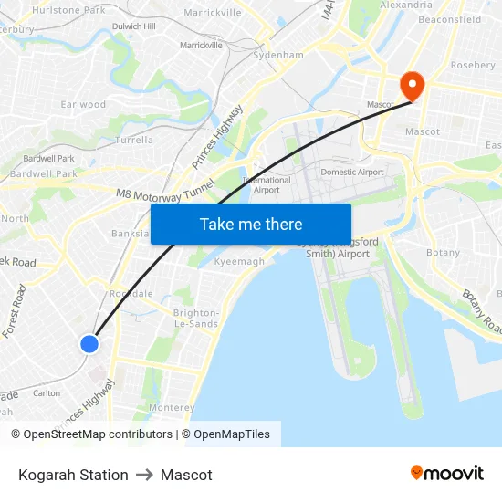 Kogarah Station to Mascot map
