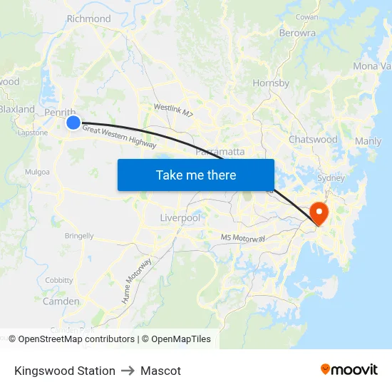 Kingswood Station to Mascot map