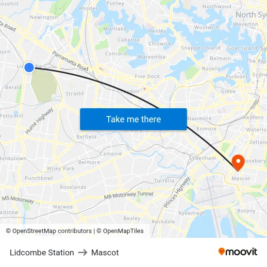 Lidcombe Station to Mascot map