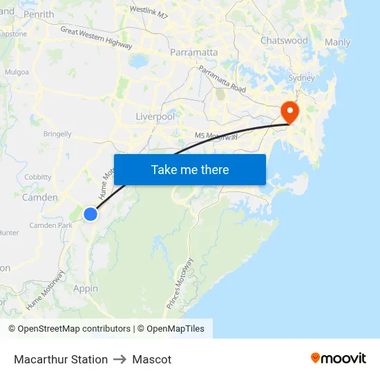 Macarthur Station to Mascot map