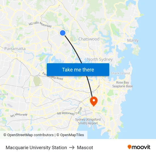 Macquarie University Station to Mascot map