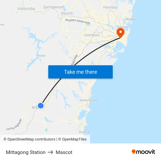 Mittagong Station to Mascot map