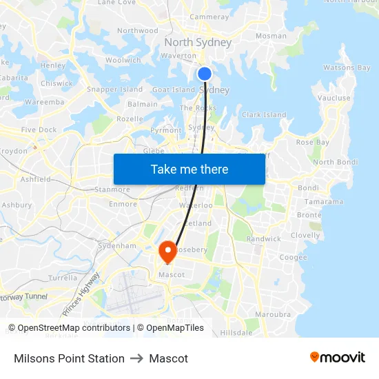 Milsons Point Station to Mascot map