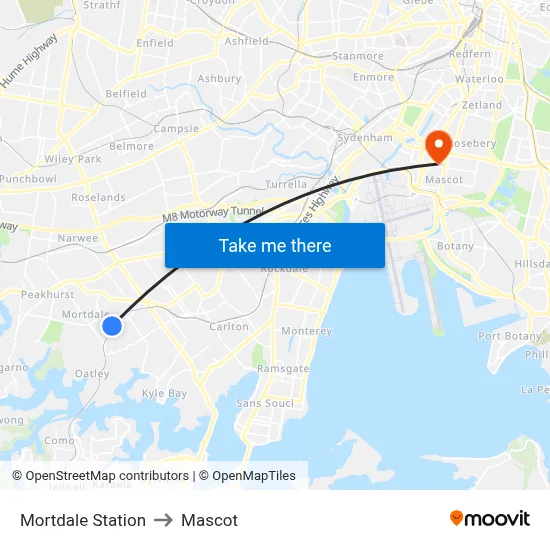Mortdale Station to Mascot map