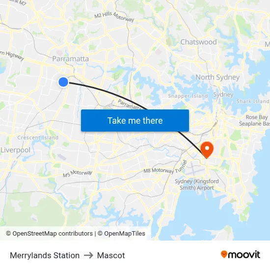 Merrylands Station to Mascot map