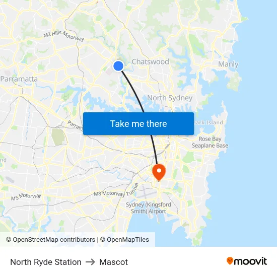 North Ryde Station to Mascot map