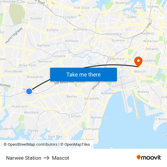Narwee Station to Mascot map