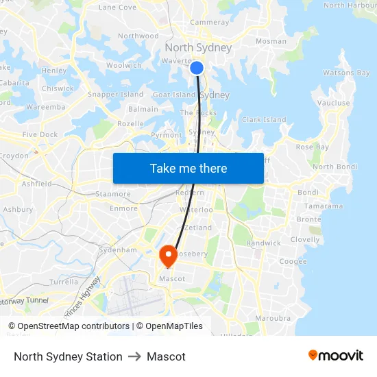 North Sydney Station to Mascot map