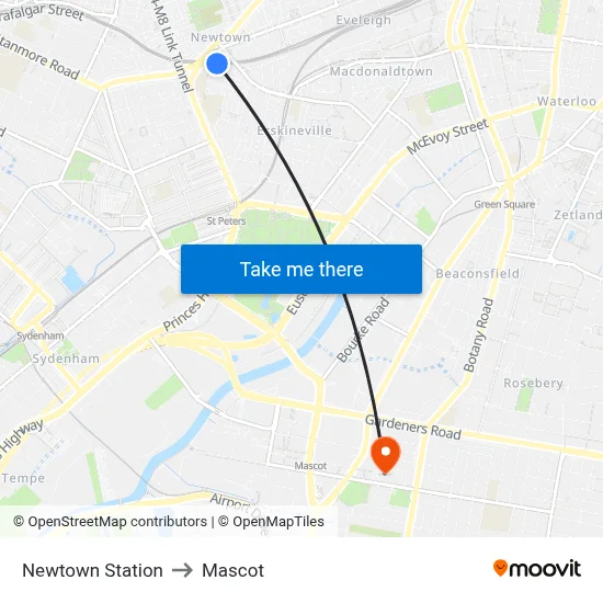 Newtown Station to Mascot map