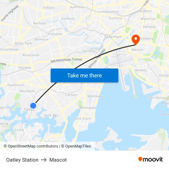 Oatley Station to Mascot map