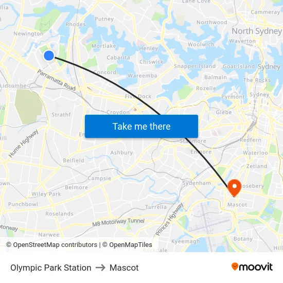 Olympic Park Station to Mascot map